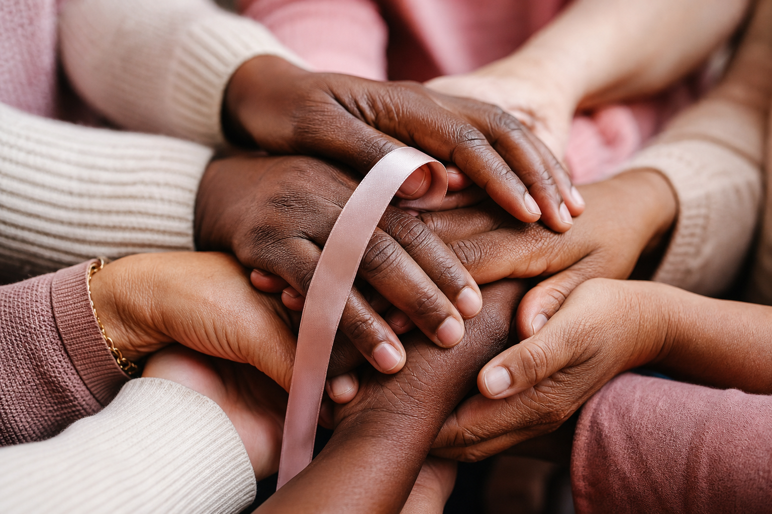 Multiple hands of different ages and races joined together with a pink ribbon