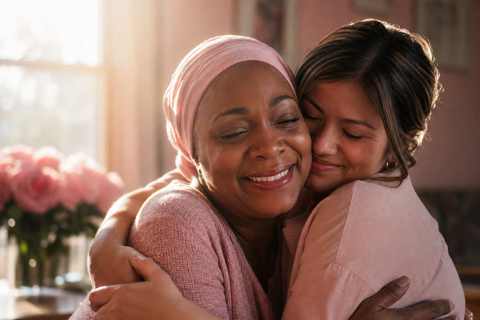 Two women sharing an emotional embrace, one wearing a pink headwrap symbolizing breast cancer support