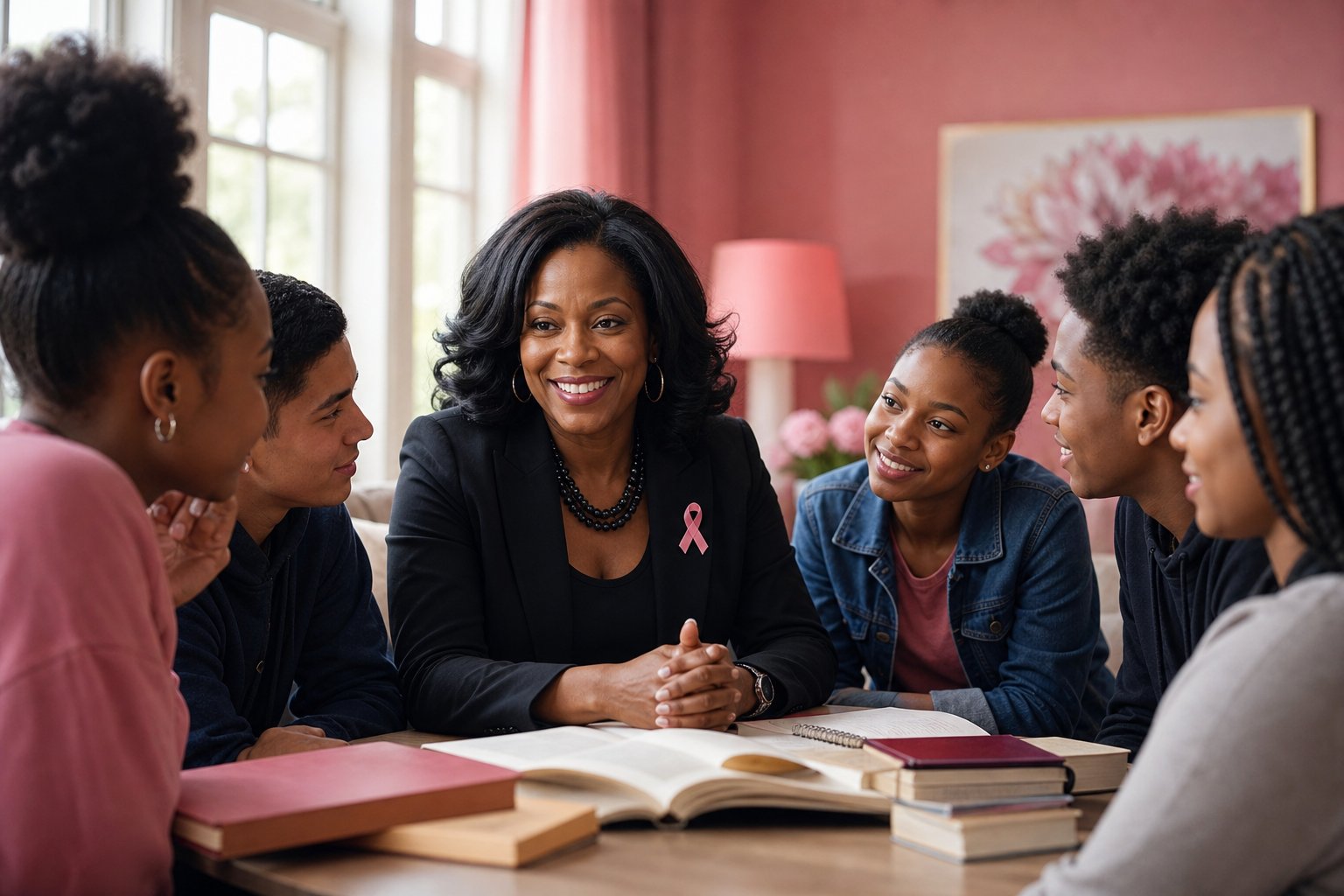 A Black woman mentor with a pink ribbon pin engaging warmly with teens around a table