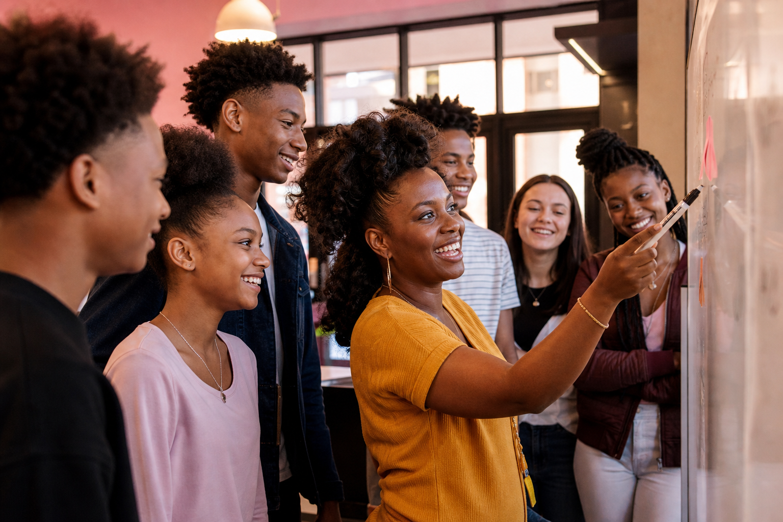 Youth in a workshop setting learning with a Black woman mentor at a whiteboard